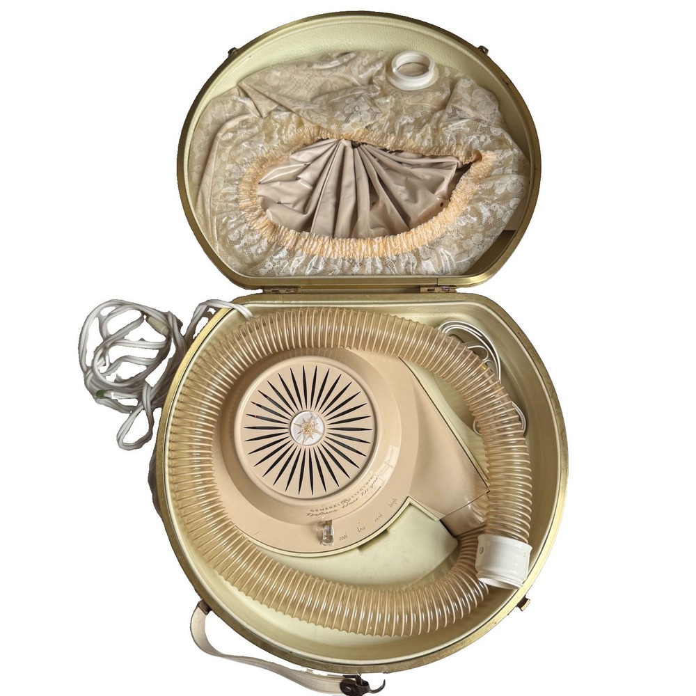 Vtg White 1960's General Electric Deluxe Hair Dryer Bonnet In Case Travel Works